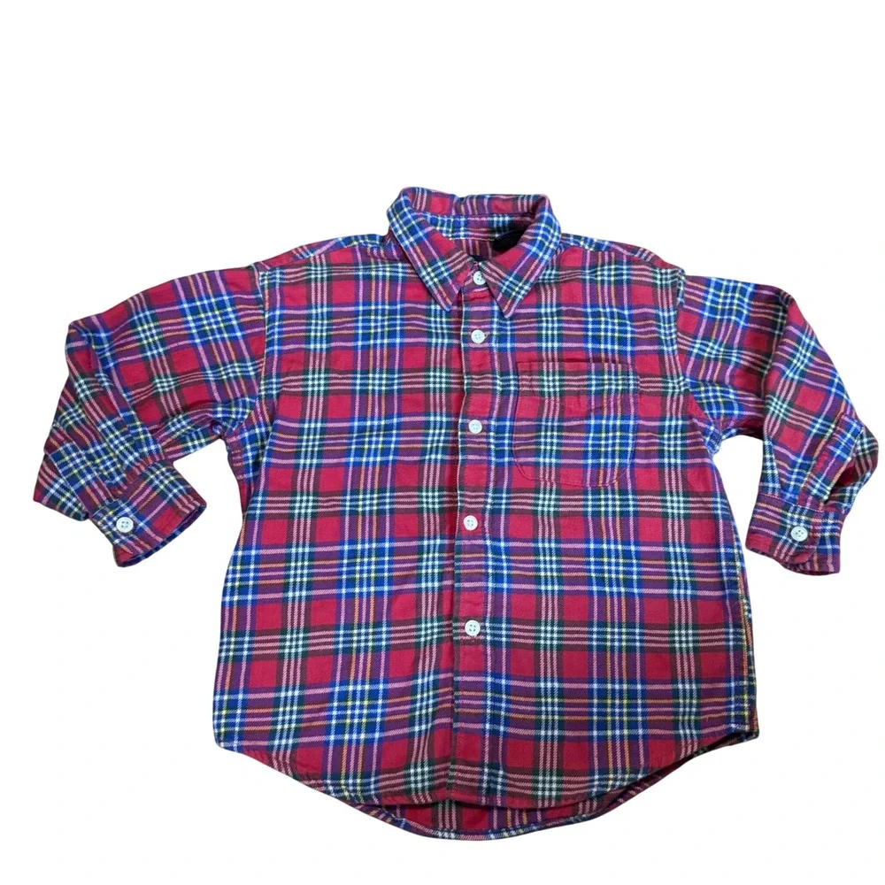 Vintage Gap Boys Red Plaid Flannel Shirt Long Sleeve Button Down XS Cotton